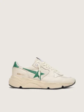 Baskets pour femme à Running Sole en nylon crème et cuir, ornées d’une étoile en cuir vert