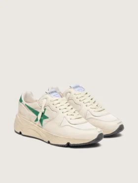 Baskets pour femme à Running Sole en nylon crème et cuir, ornées d’une étoile en cuir vert