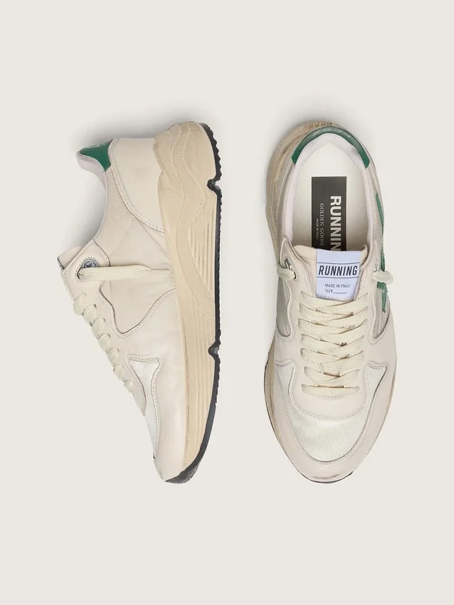 Baskets pour femme à Running Sole en nylon crème et cuir, ornées d’une étoile en cuir vert