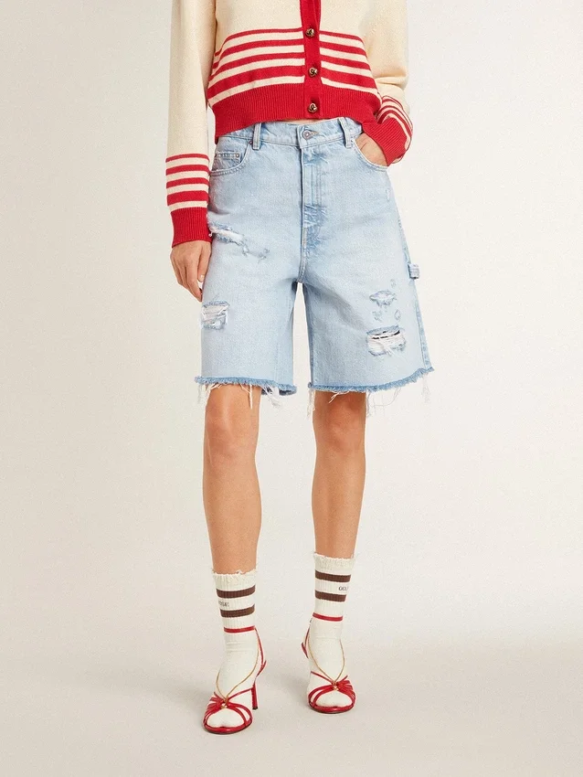 Bermuda pour femme en denim effet usé
