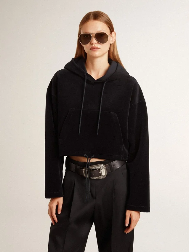 Black chenille sweat-shirt for women with embroidery on the back