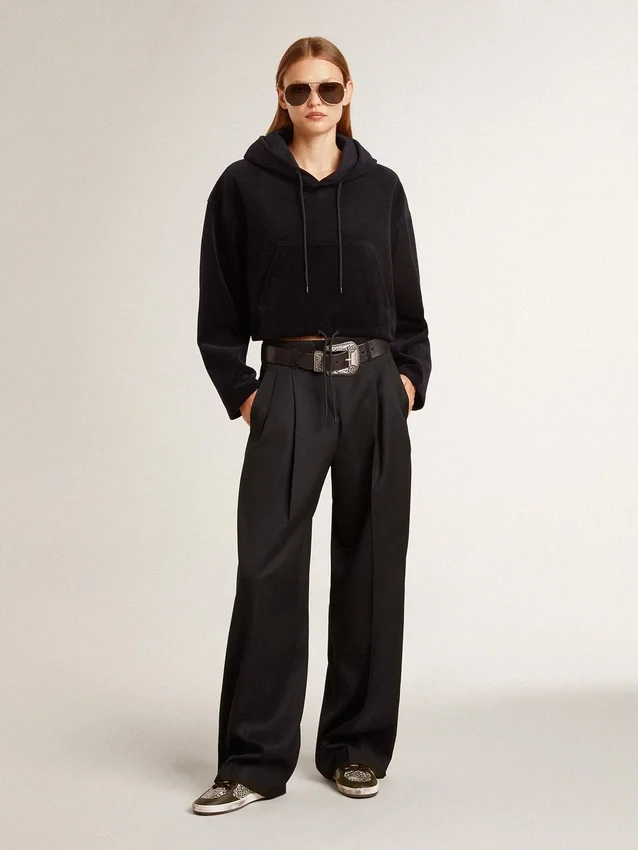 Black chenille sweat-shirt for women with embroidery on the back