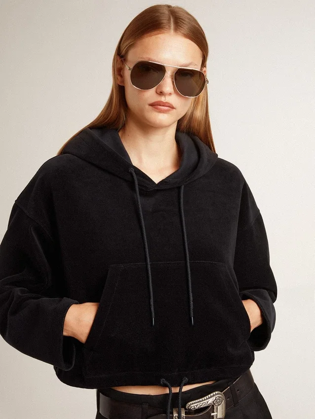 Black chenille sweat-shirt for women with embroidery on the back