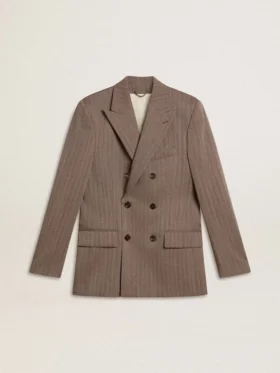 Blazer à double boutonnage pour homme en mélange de laine à motif chevrons beige
