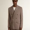 Blazer à double boutonnage pour homme en mélange de laine à motif chevrons beige