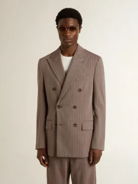 Blazer à double boutonnage pour homme en mélange de laine à motif chevrons beige