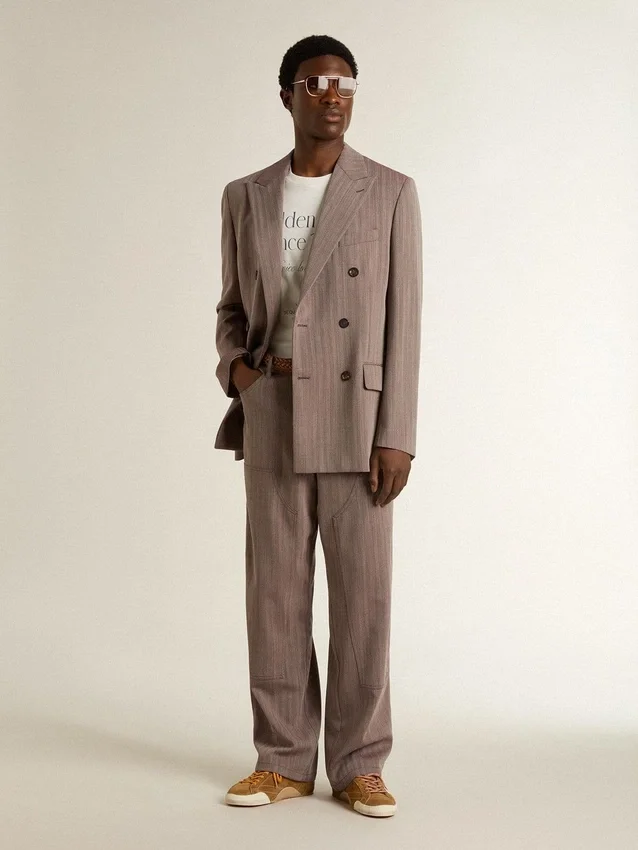 Blazer à double boutonnage pour homme en mélange de laine à motif chevrons beige