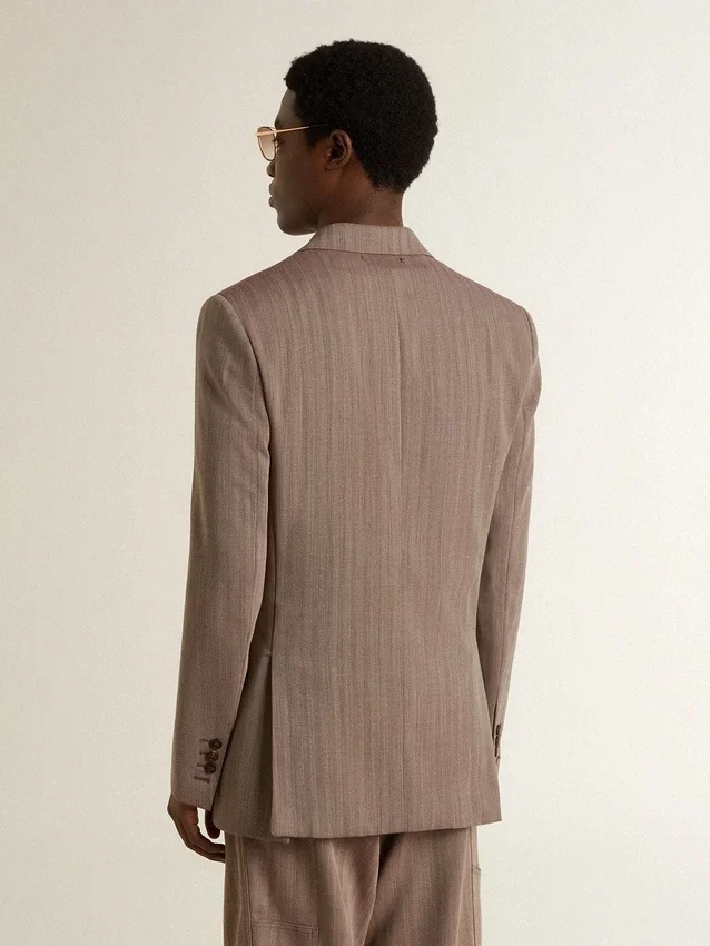 Blazer à double boutonnage pour homme en mélange de laine à motif chevrons beige