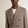 Blazer à double boutonnage pour homme en mélange de laine à motif chevrons beige