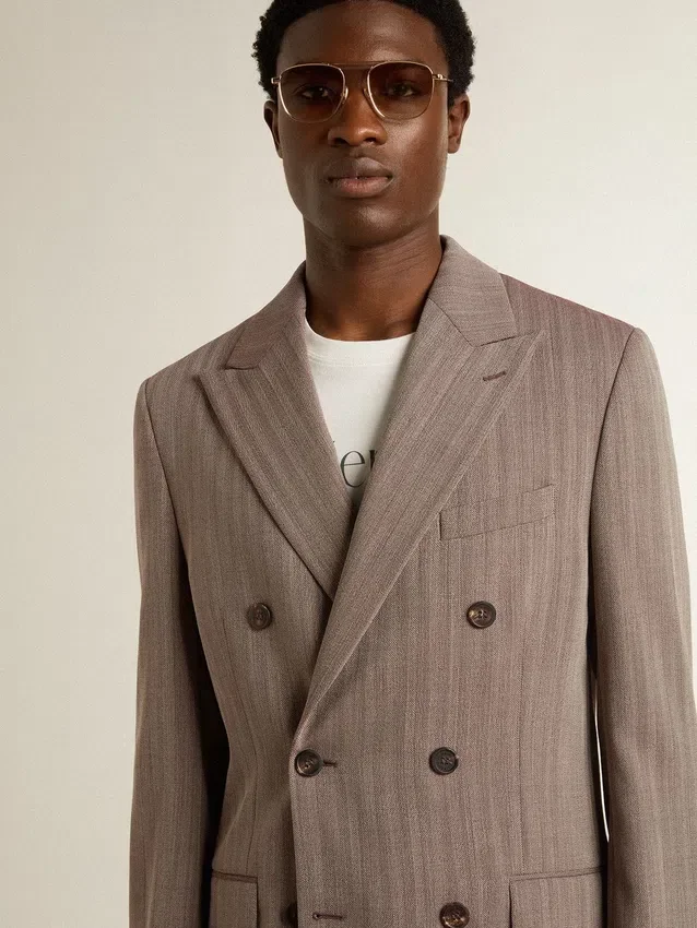 Blazer à double boutonnage pour homme en mélange de laine à motif chevrons beige