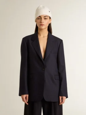 Blazer femme bleu nuit en laine, à simple boutonnage