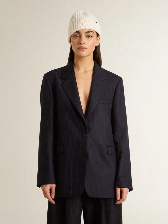 Blazer femme bleu nuit en laine, à simple boutonnage