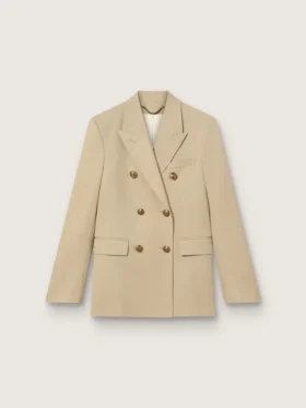 Blazer femme à double boutonnage couleur sable avec boutons héraldiques dorés