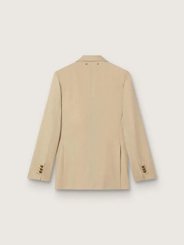 Blazer femme à double boutonnage couleur sable avec boutons héraldiques dorés