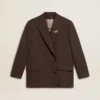Blazer femme à double boutonnage en laine marron foncé à fines rayures