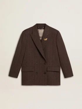 Blazer femme à double boutonnage en laine marron foncé à fines rayures