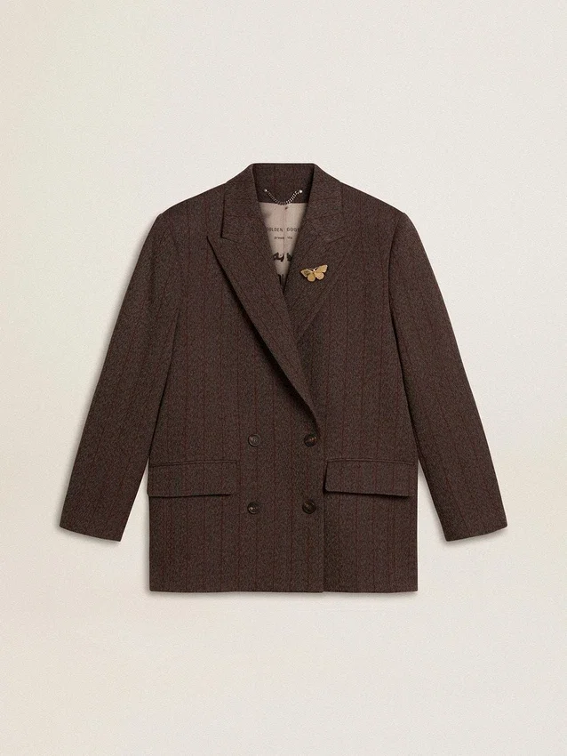 Blazer femme à double boutonnage en laine marron foncé à fines rayures