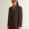 Blazer femme à double boutonnage en laine marron foncé à fines rayures