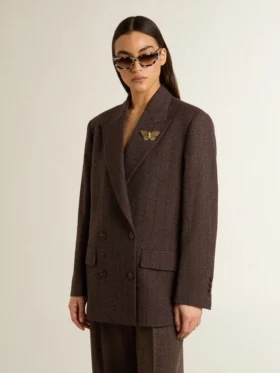 Blazer femme à double boutonnage en laine marron foncé à fines rayures