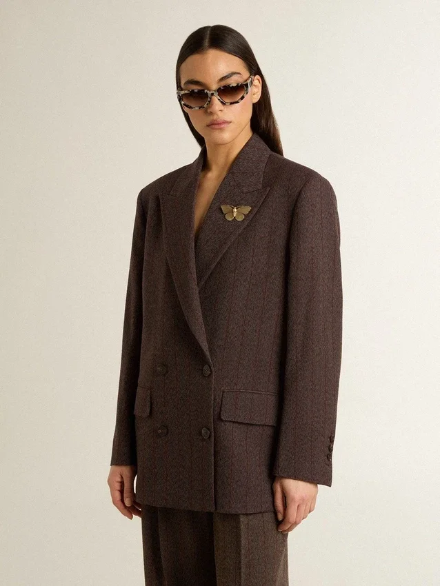Blazer femme à double boutonnage en laine marron foncé à fines rayures