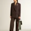 Blazer femme à double boutonnage en laine marron foncé à fines rayures