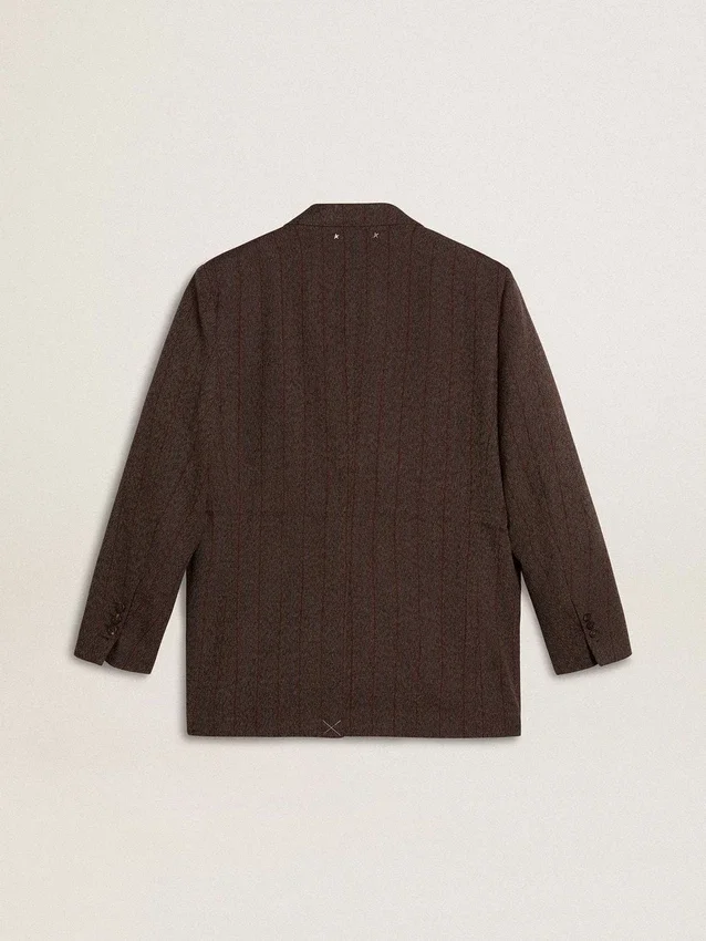 Blazer femme à double boutonnage en laine marron foncé à fines rayures