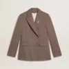 Blazer femme à double boutonnage en laine mélangée beige à motif chevrons