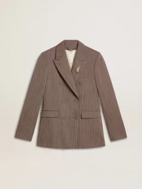 Blazer femme à double boutonnage en laine mélangée beige à motif chevrons