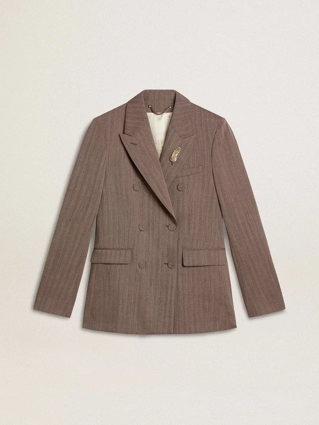 Blazer femme à double boutonnage en laine mélangée beige à motif chevrons