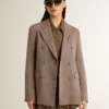 Blazer femme à double boutonnage en laine mélangée beige à motif chevrons