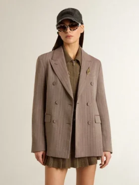 Blazer femme à double boutonnage en laine mélangée beige à motif chevrons