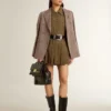 Blazer femme à double boutonnage en laine mélangée beige à motif chevrons