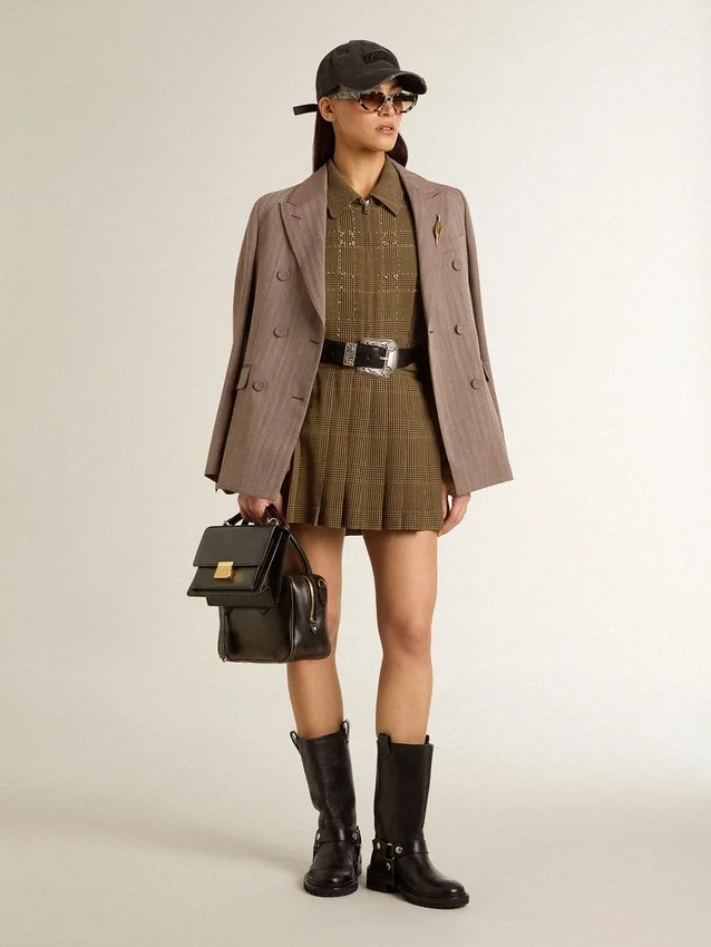Blazer femme à double boutonnage en laine mélangée beige à motif chevrons