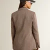 Blazer femme à double boutonnage en laine mélangée beige à motif chevrons