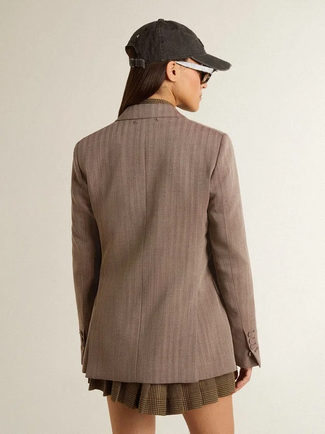 Blazer femme à double boutonnage en laine mélangée beige à motif chevrons