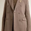 Blazer femme à double boutonnage en laine mélangée beige à motif chevrons