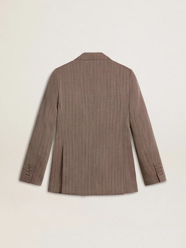 Blazer femme à double boutonnage en laine mélangée beige à motif chevrons