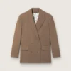 Blazer femme à double boutonnage en mélange de laine à motif chevron gris tourterelle