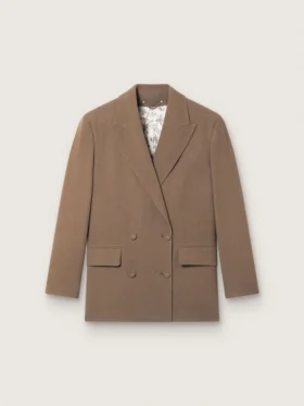 Blazer femme à double boutonnage en mélange de laine à motif chevron gris tourterelle
