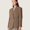 Blazer femme à double boutonnage en mélange de laine à motif chevron gris tourterelle