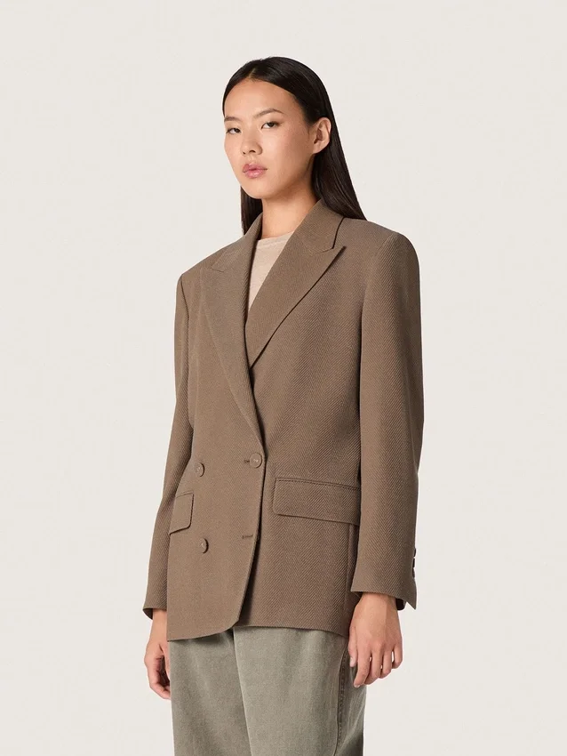 Blazer femme à double boutonnage en mélange de laine à motif chevron gris tourterelle