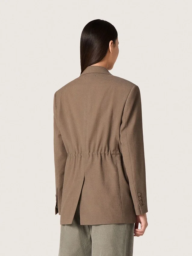 Blazer femme à double boutonnage en mélange de laine à motif chevron gris tourterelle