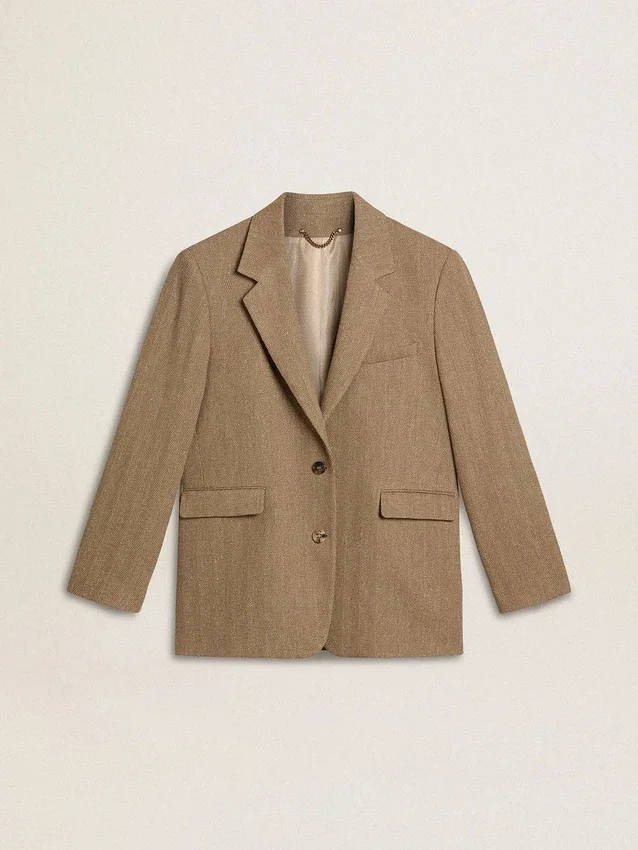 Blazer femme à simple boutonnage en chevrons couleur sable