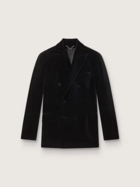 Blazer homme à double boutonnage en velours noir avec revers en satin noir
