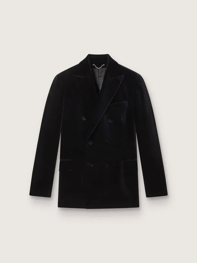 Blazer homme à double boutonnage en velours noir avec revers en satin noir