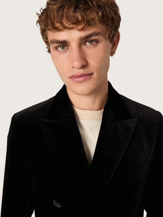 Blazer homme à double boutonnage en velours noir avec revers en satin noir