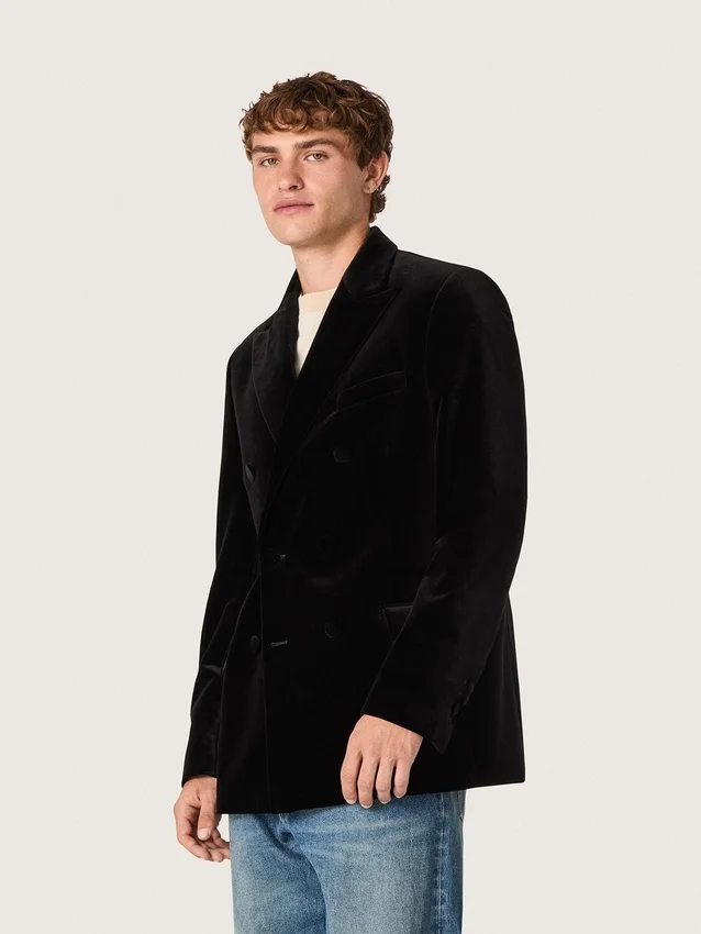 Blazer homme à double boutonnage en velours noir avec revers en satin noir