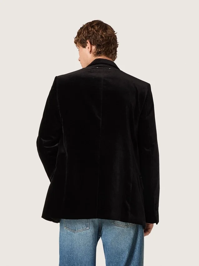 Blazer homme à double boutonnage en velours noir avec revers en satin noir