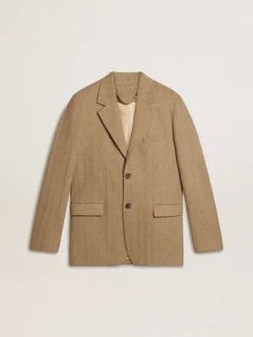 Blazer homme à simple boutonnage en mélange de lin à motif chevrons couleur sable.