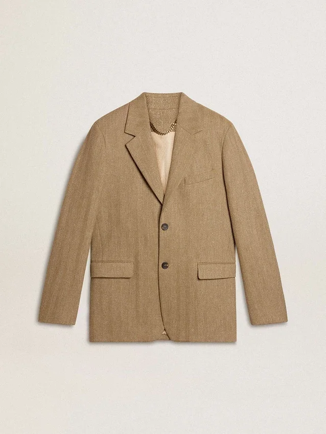 Blazer homme à simple boutonnage en mélange de lin à motif chevrons couleur sable.